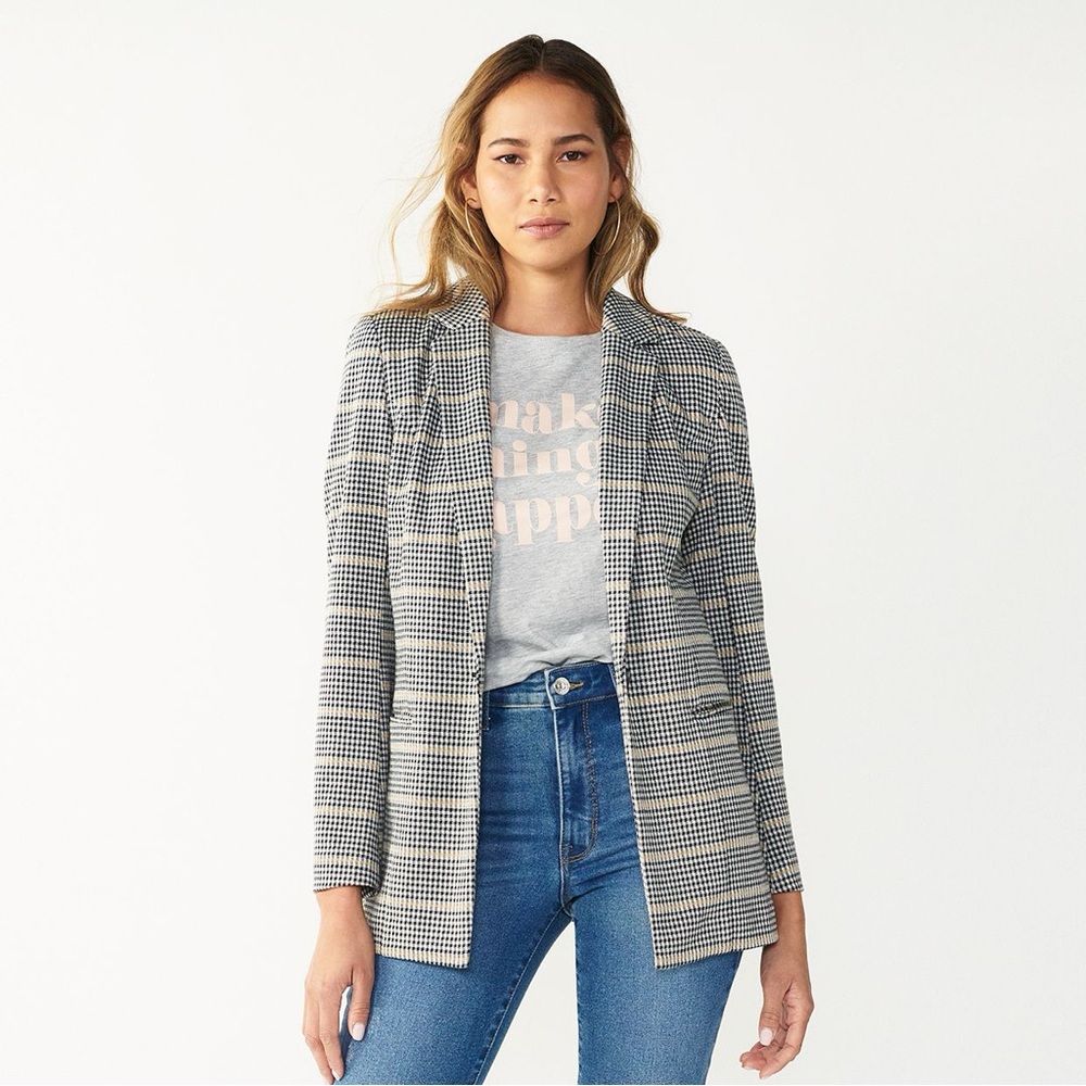 Nine West Single Button Longline Blazer Plaid Print